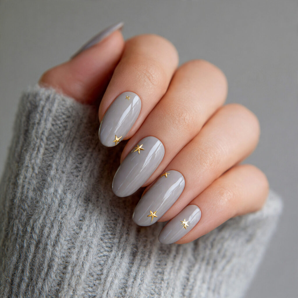 soft gray beige nails with tiny star
