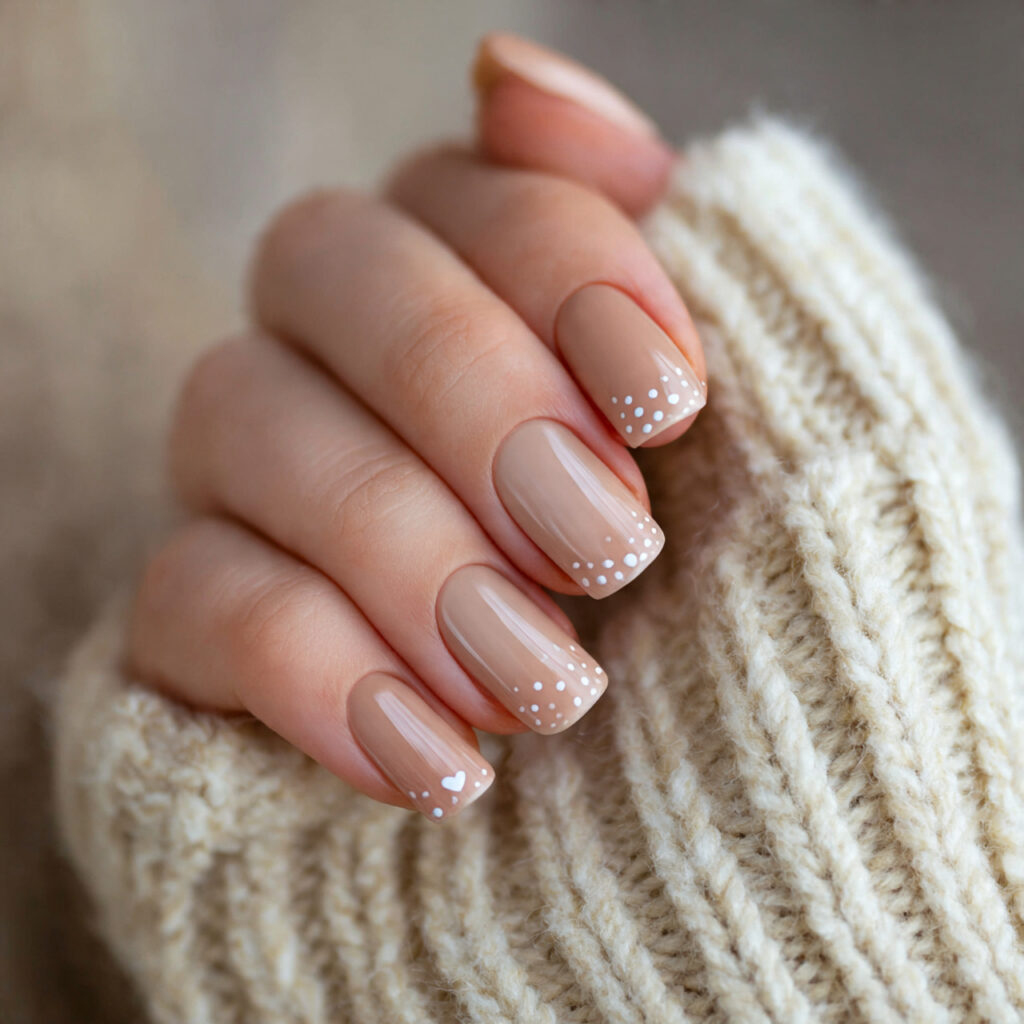 soft latte nails with tiny heart near