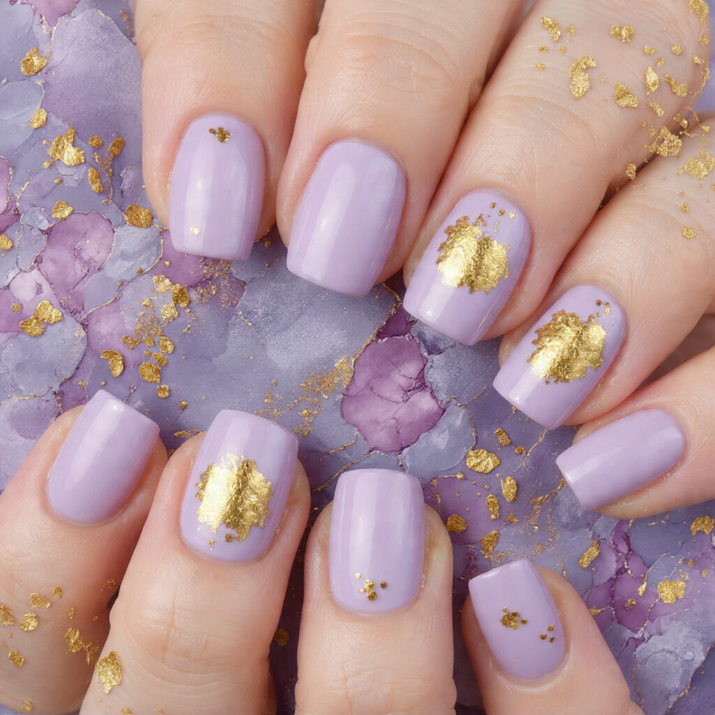 soft lavender nails with gold foil combines