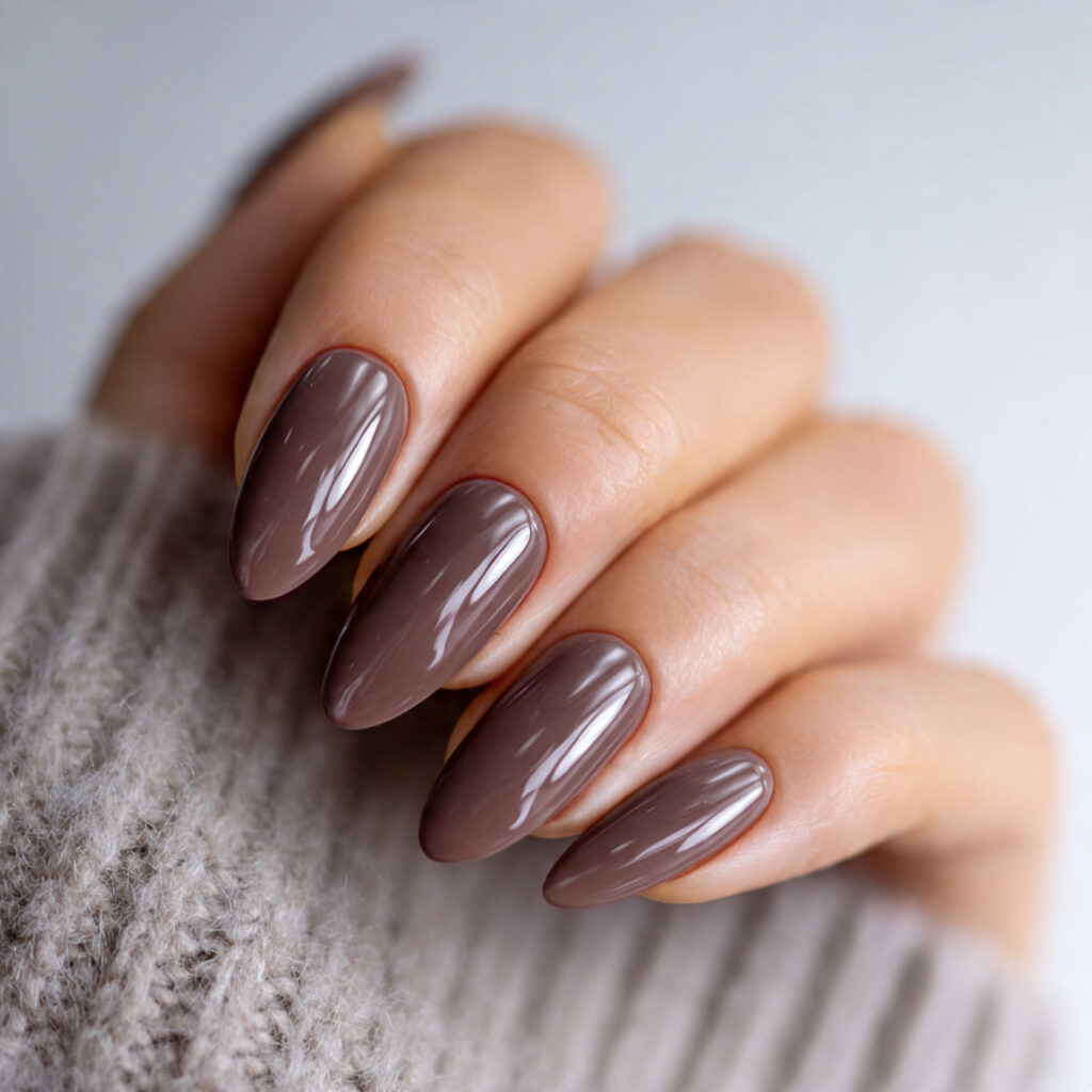 soft mocha nails with glossy finish