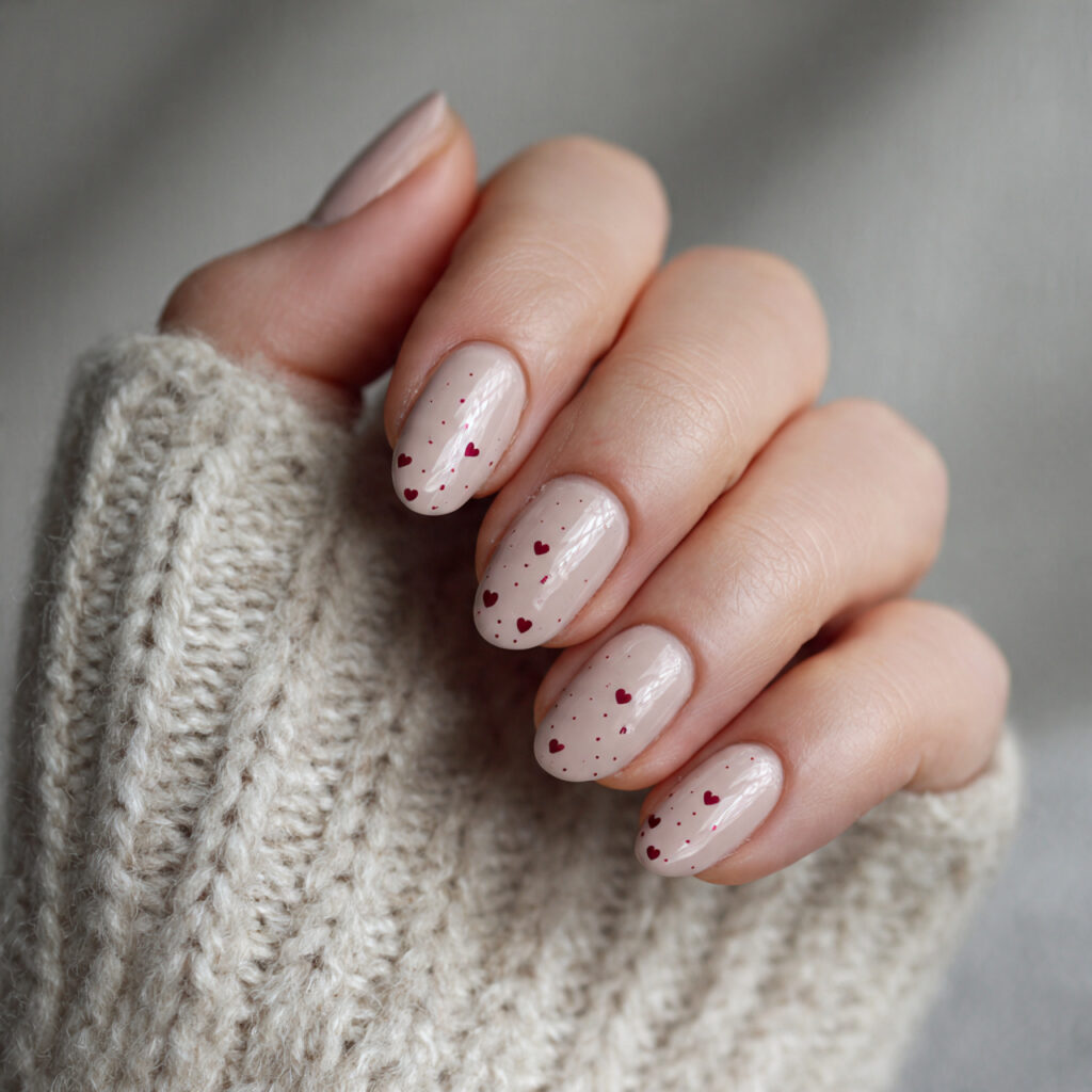 soft nails with tiny heart detail