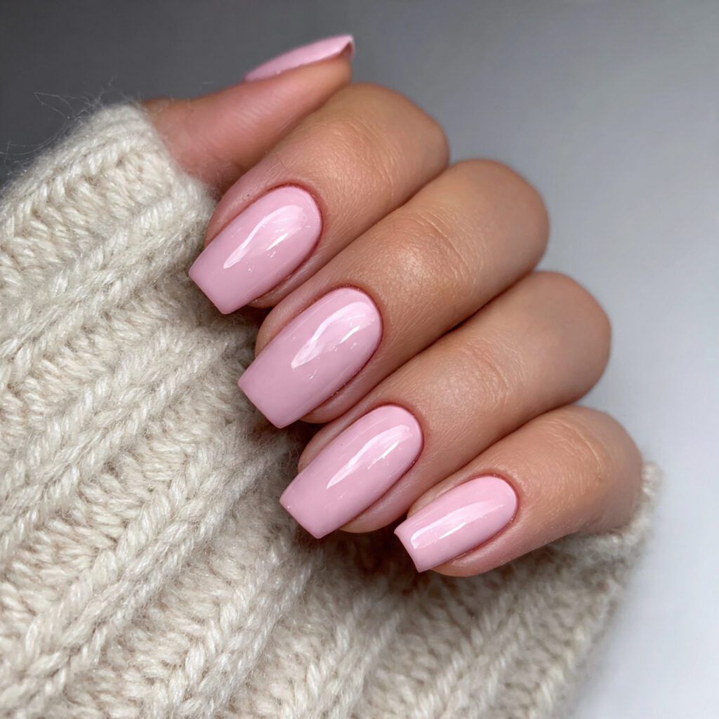 soft pink glossy nails with minimal accent