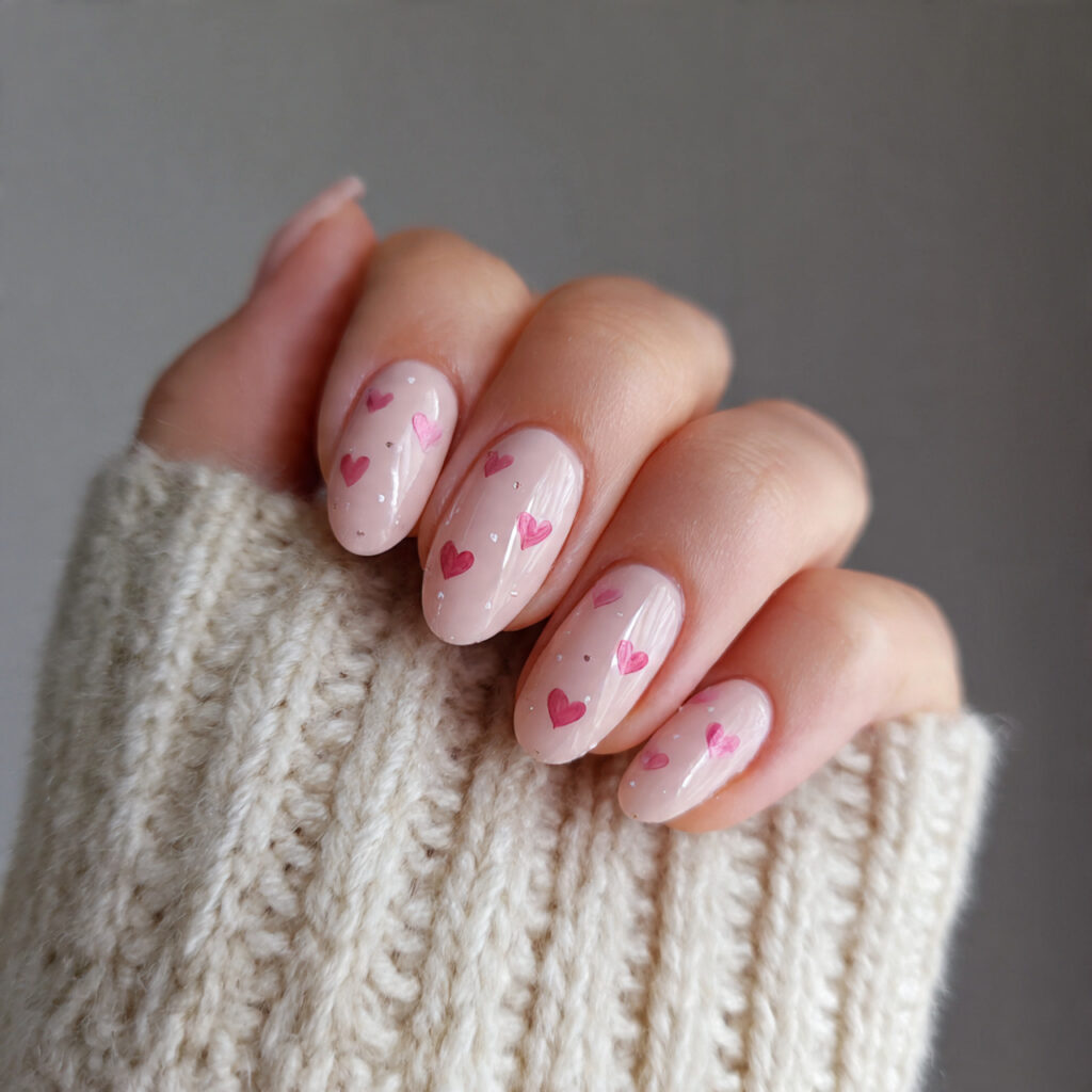 soft pink heart nails are a classic