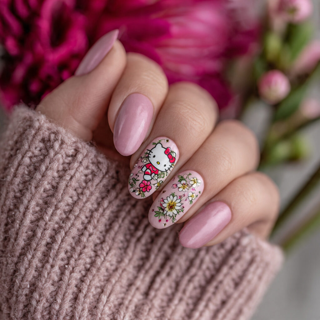 soft pink nails featuring hello kitty surrounded
