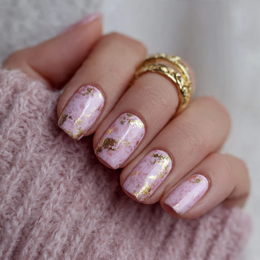soft pink nails with gold foil accents