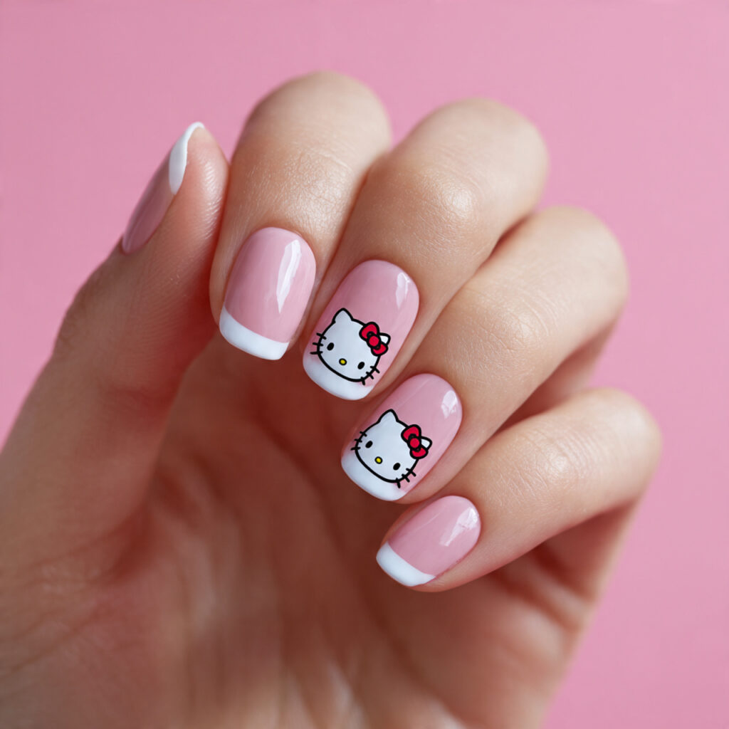 soft pink nails with hello kitty faces
