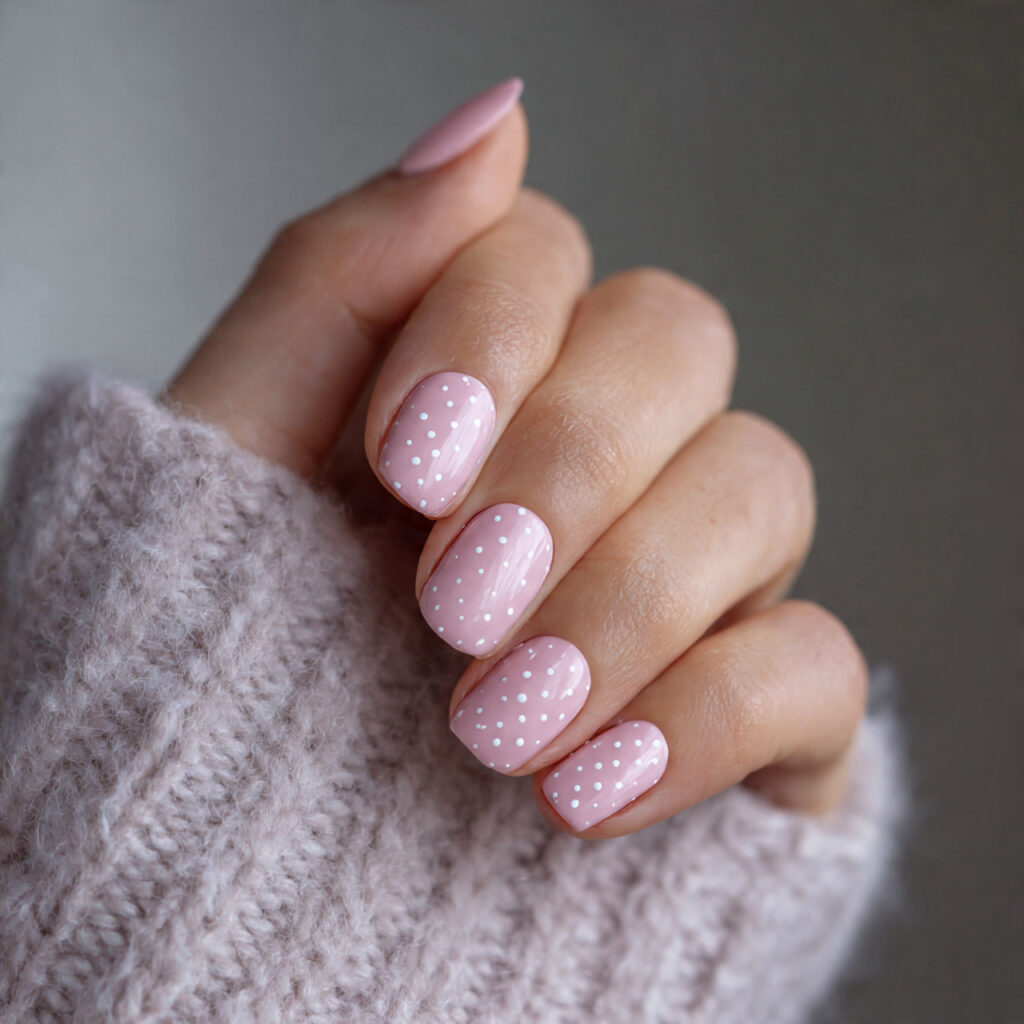 soft pink nails with minimal dots feel