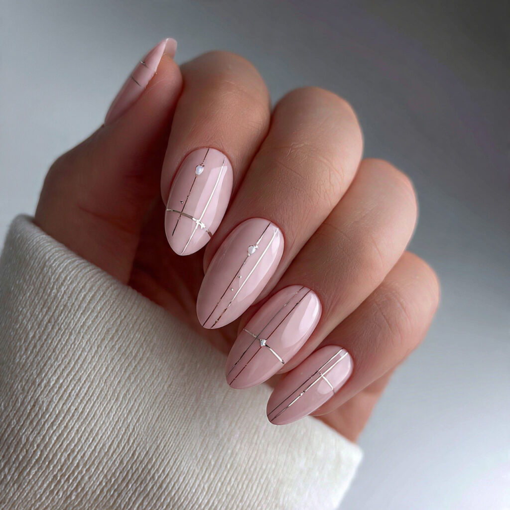 soft pink nails with minimal line art