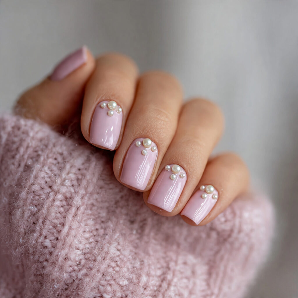 soft pink nails with pearl details
