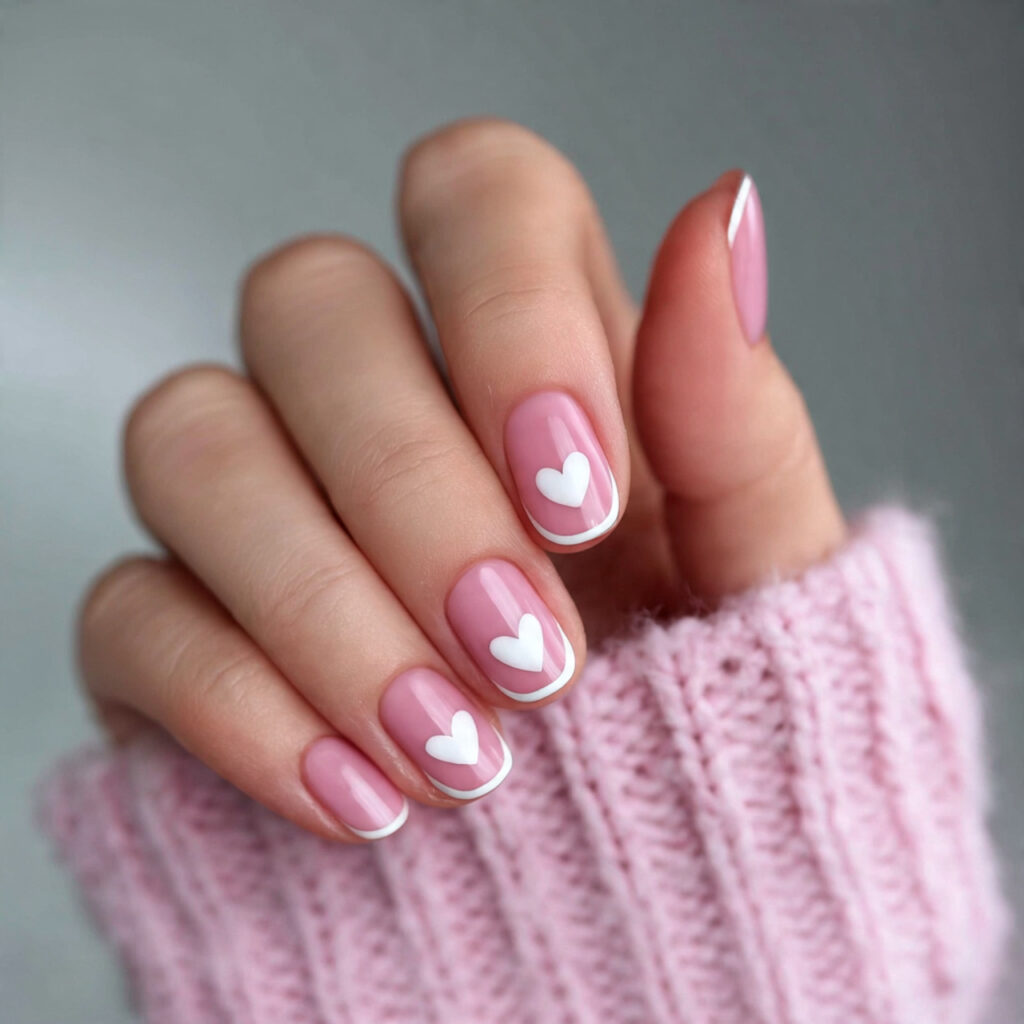 soft pink nails with soft white accents