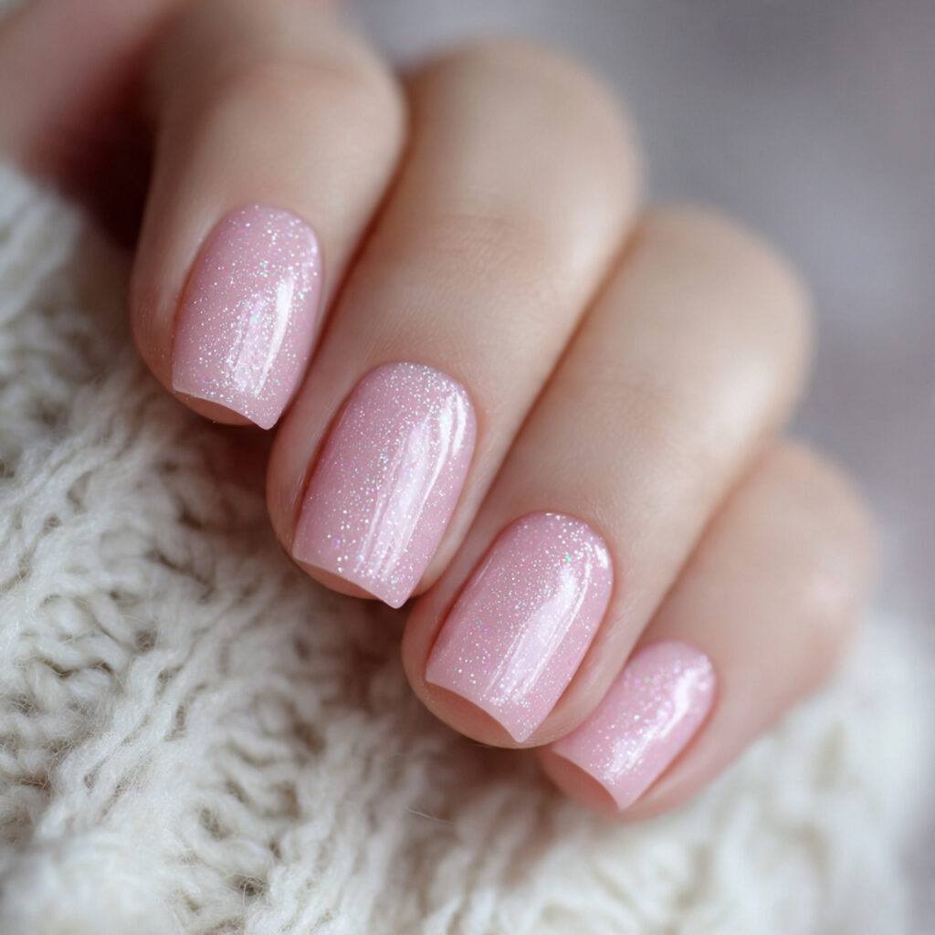 soft pink nails with subtle glitter add