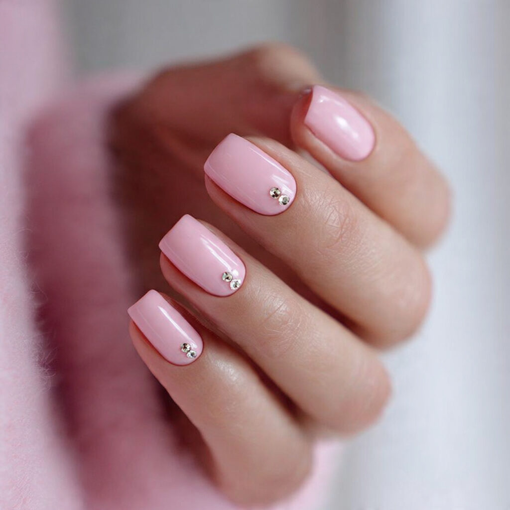 soft pink nails with subtle rhinestones feel