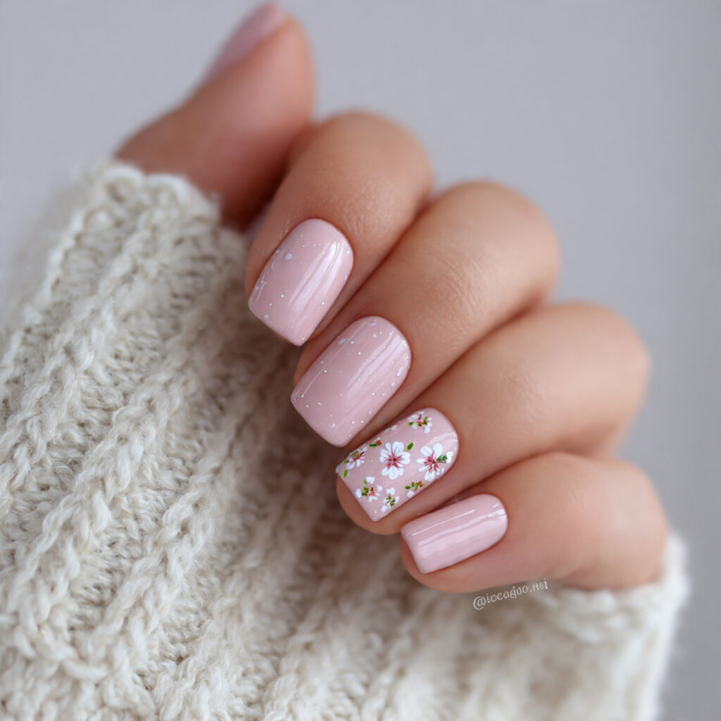 soft pink nails with tiny floral details