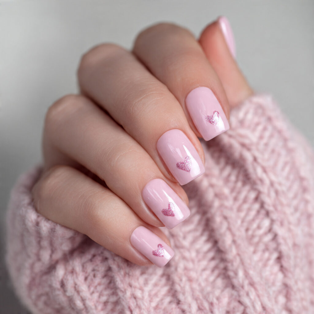27 Heart Nail Designs for Romantic & Classy Nails 3 soft pink polish with small glossy heart