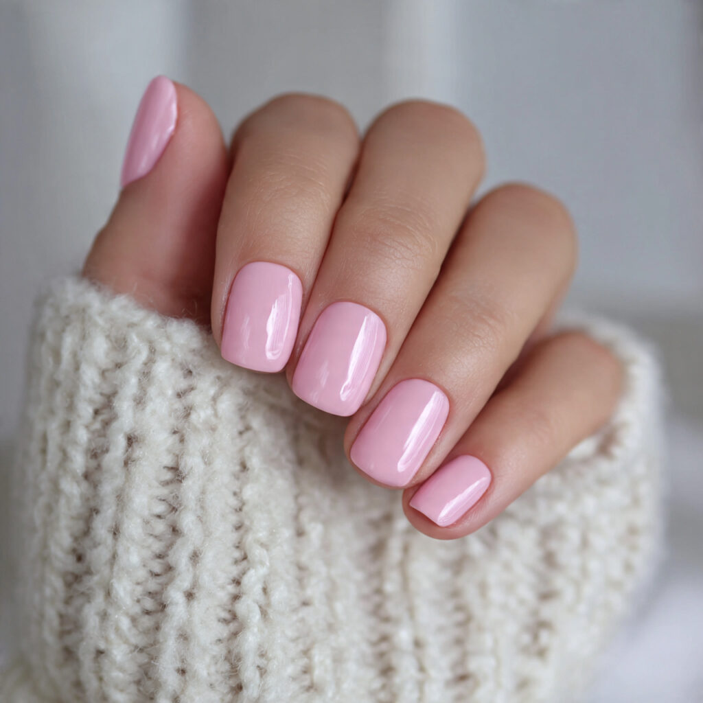 soft pink short square valentine nails are