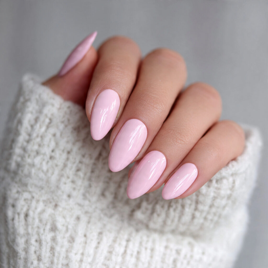 soft pink solid nails almond shape for