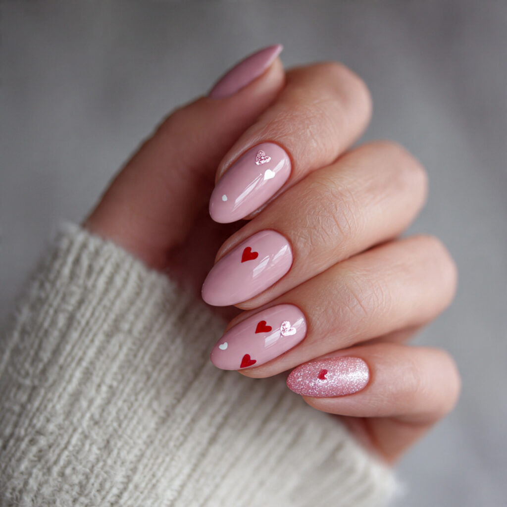 soft pink valentine nails almond shape short