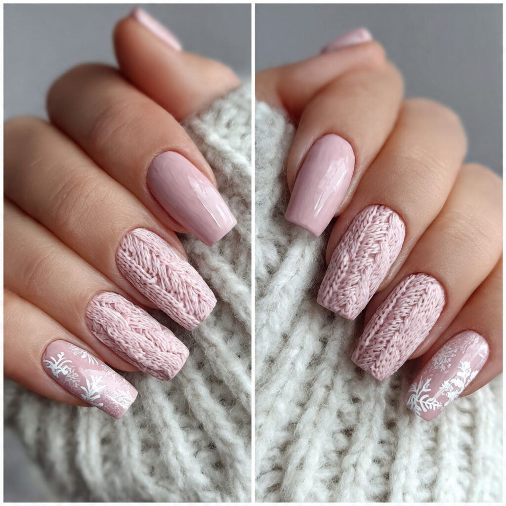 soft pink winter nails for a cozy