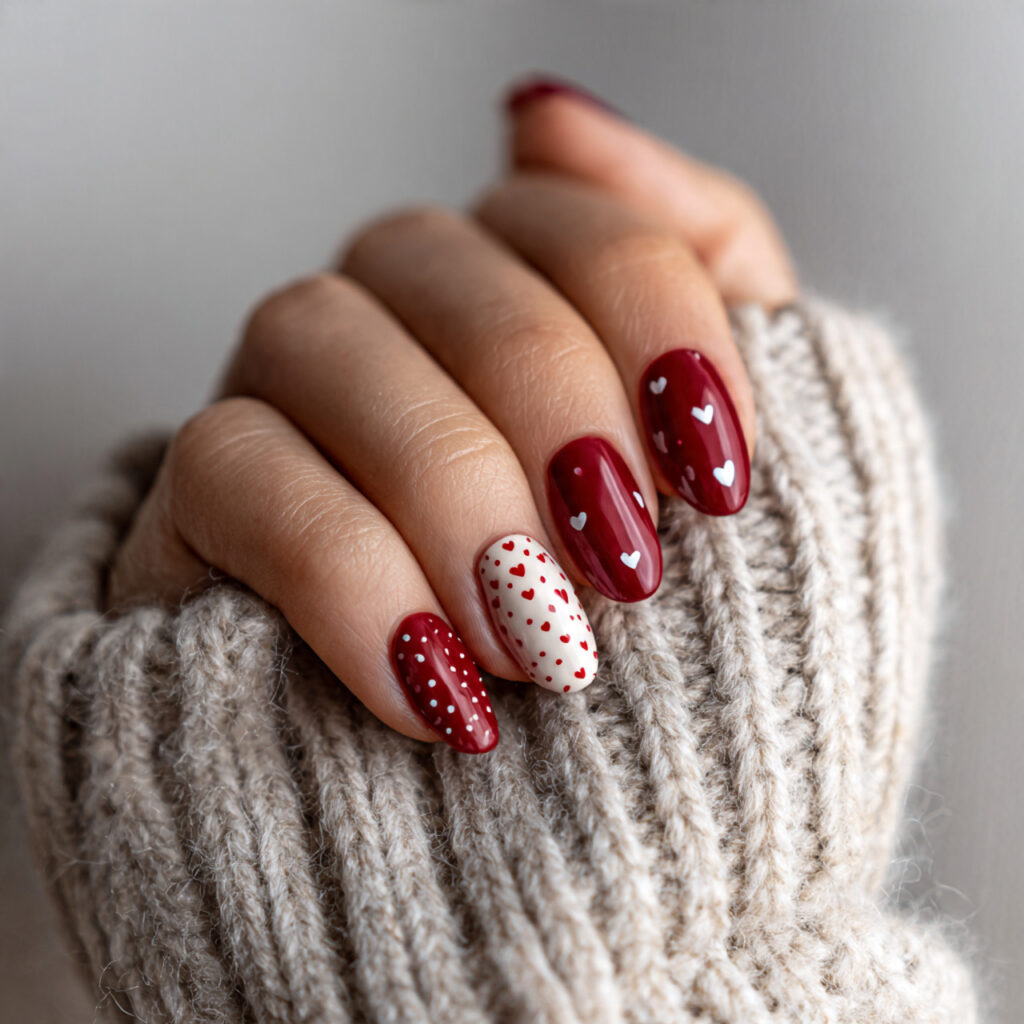 soft red heart detail nails focus on