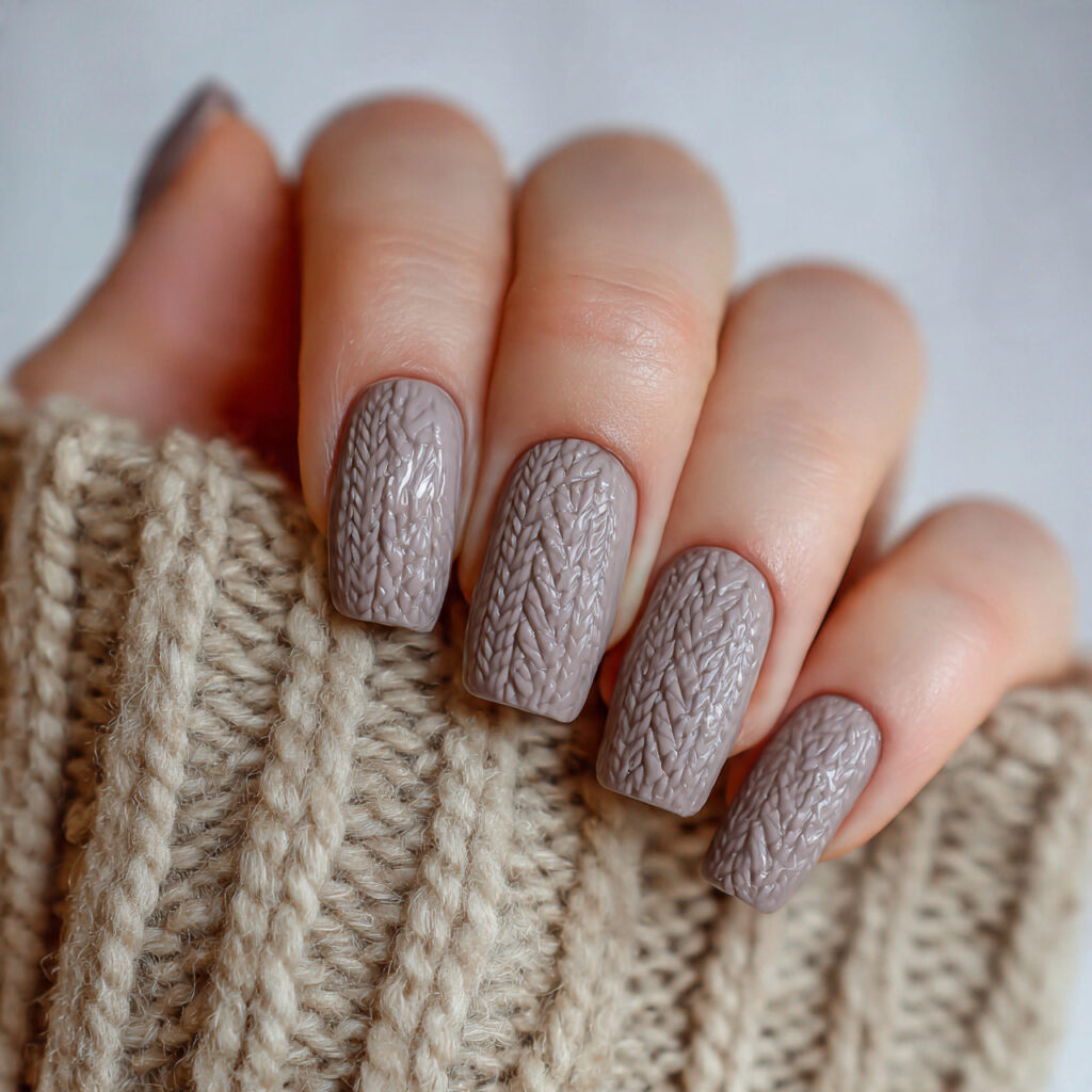 soft taupe nails with cozy knit texture