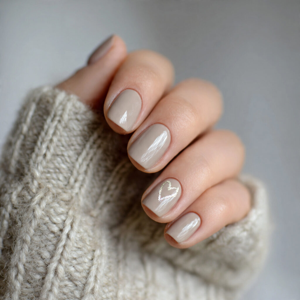 soft taupe nails with minimal heart detail