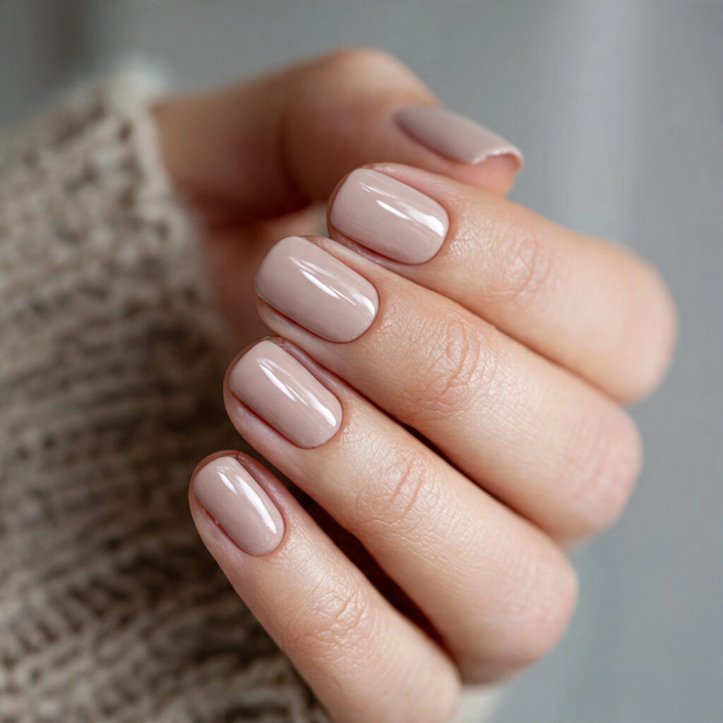 soft taupe short valentine nails create a