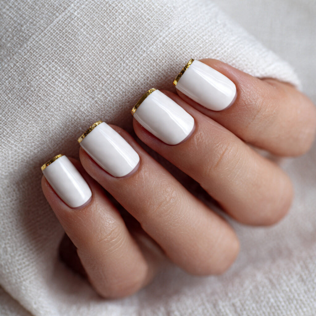 soft white minimalist nails with a pin