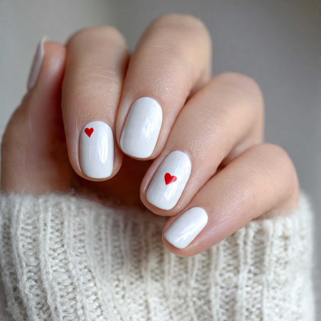 soft white nails with tiny side heart