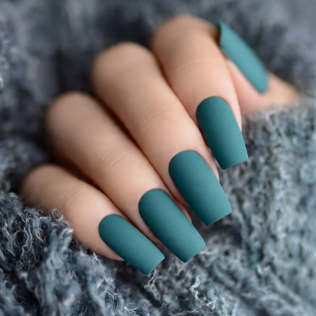 teal matte nails offer a sophisticated velvety