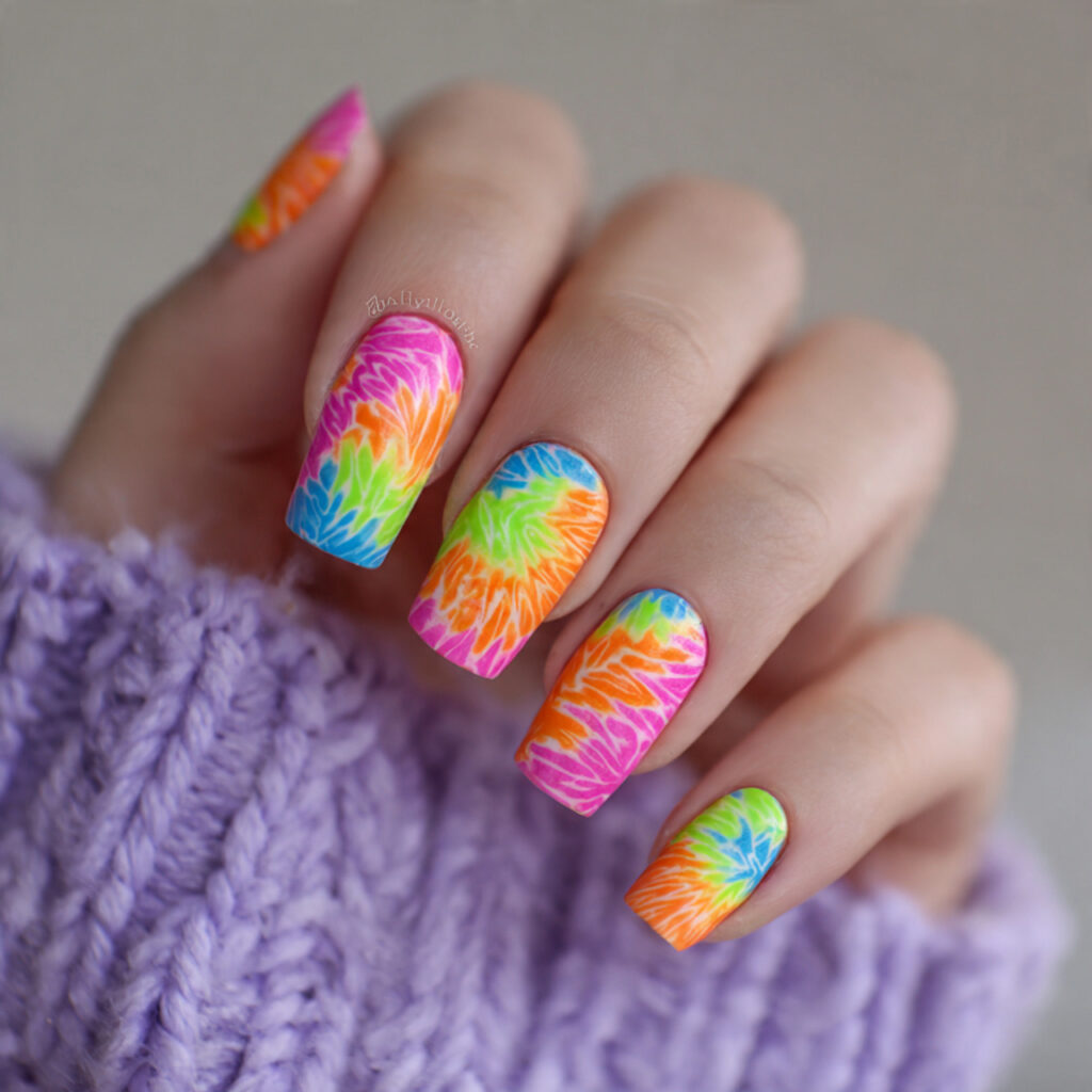 tie dye bright nails recreate the psychedelic fabric