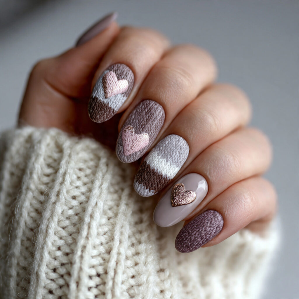 trendy cozy valentine nails with soft taupe
