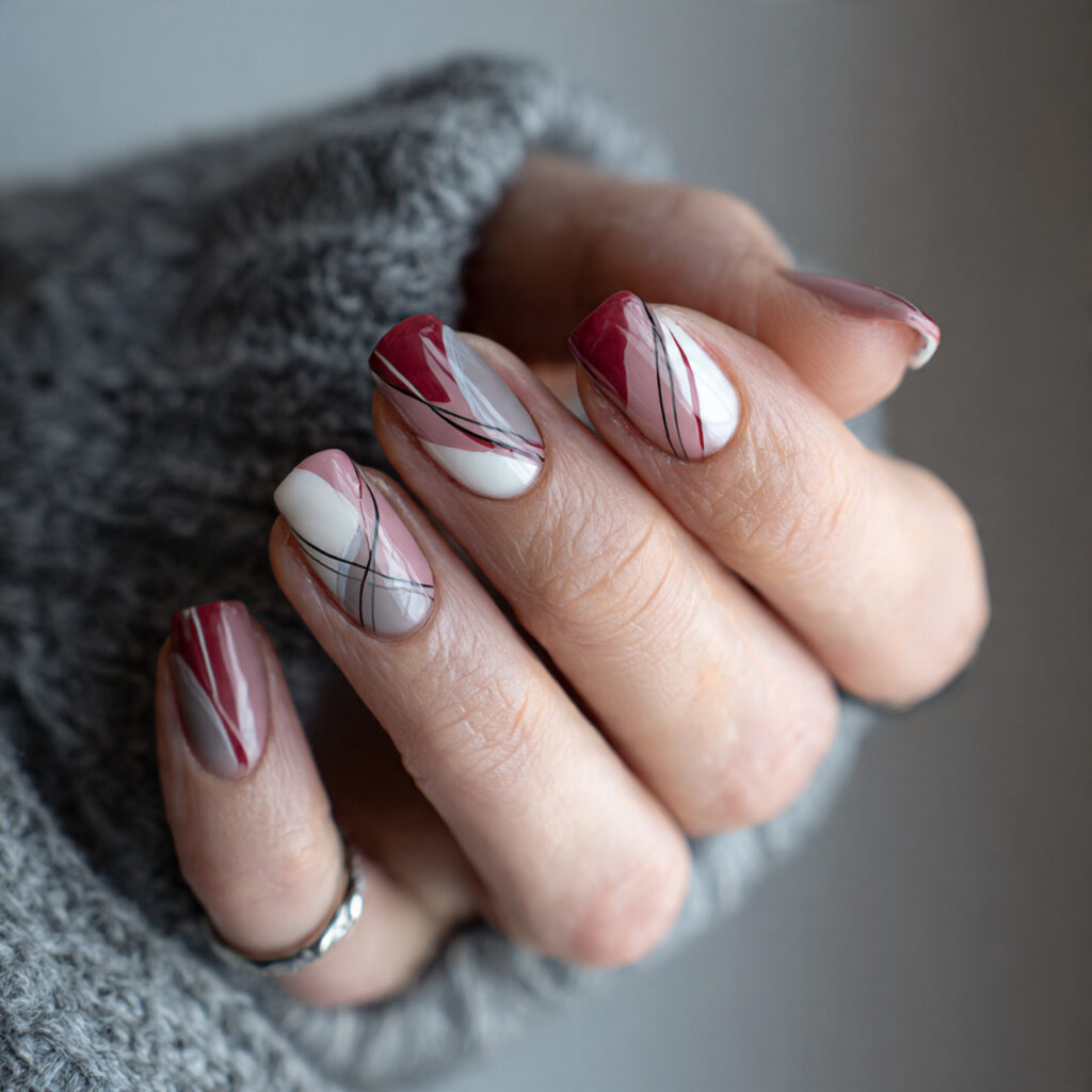 trendy valentine nails with minimal abstract lines