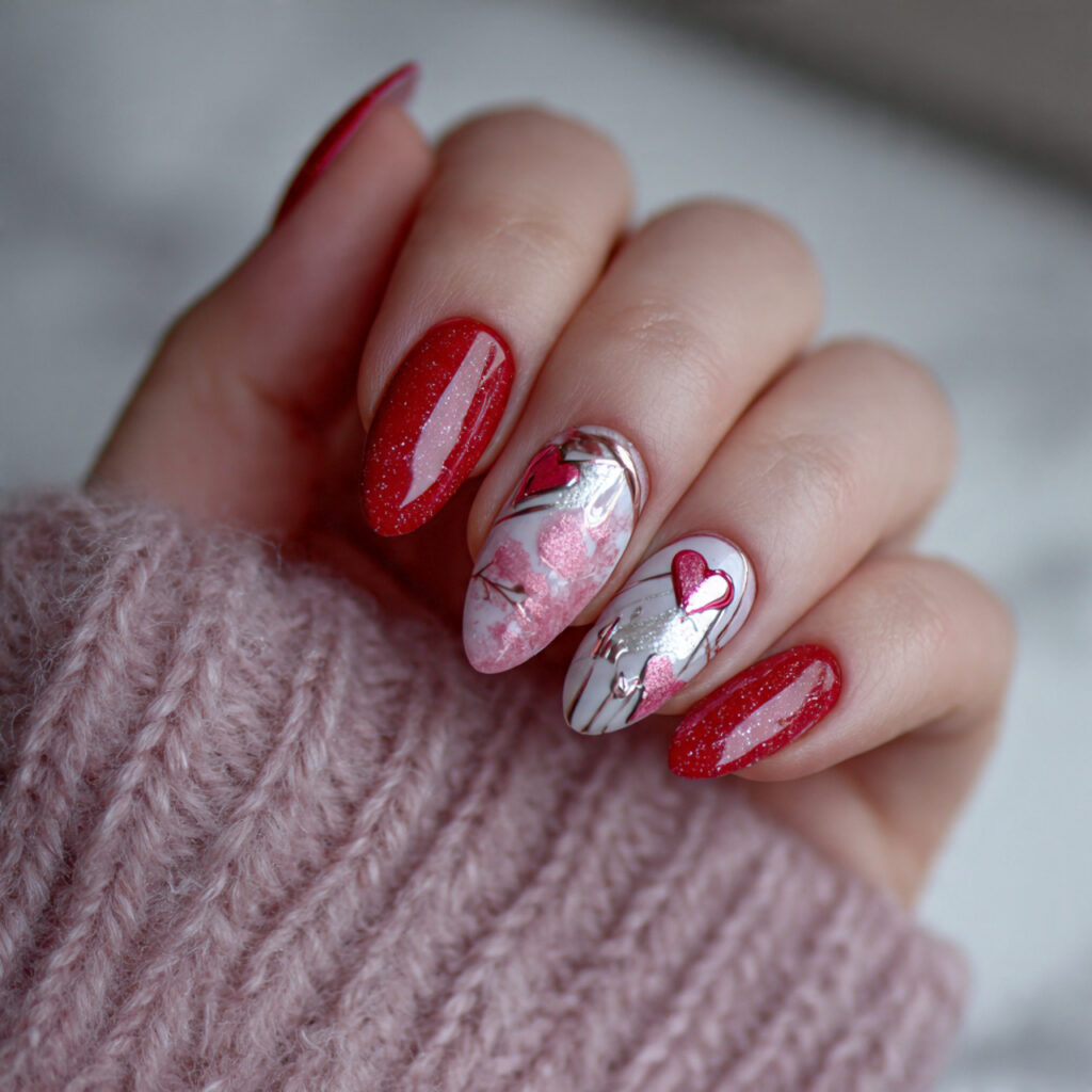 trendy valentine nails with minimal chrome touch