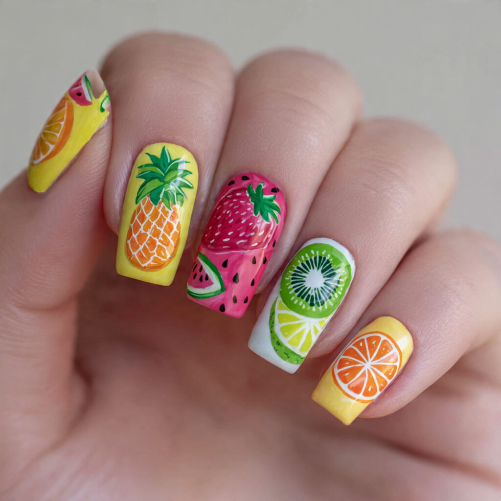 tropical fruit nail art features bright bases