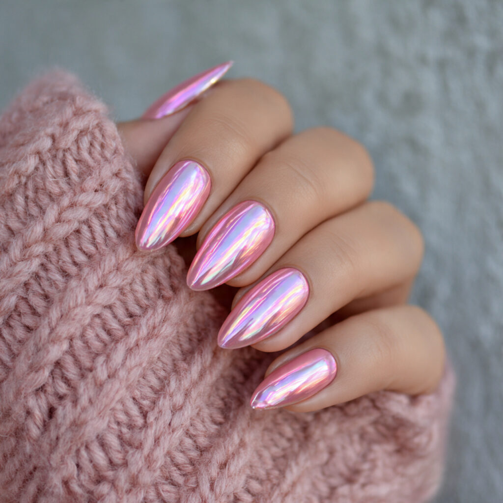valentine nails almond pink with chrome finish