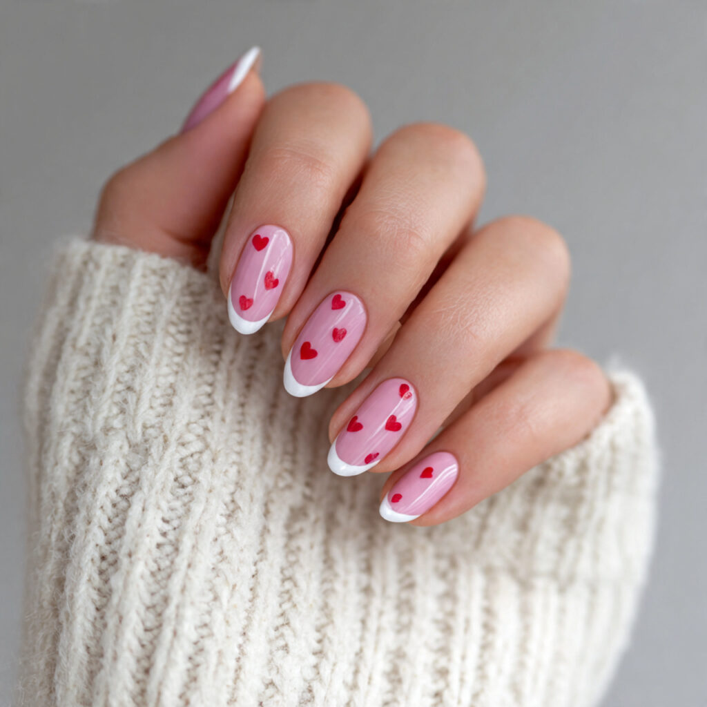 valentine nails almond pink with french tips