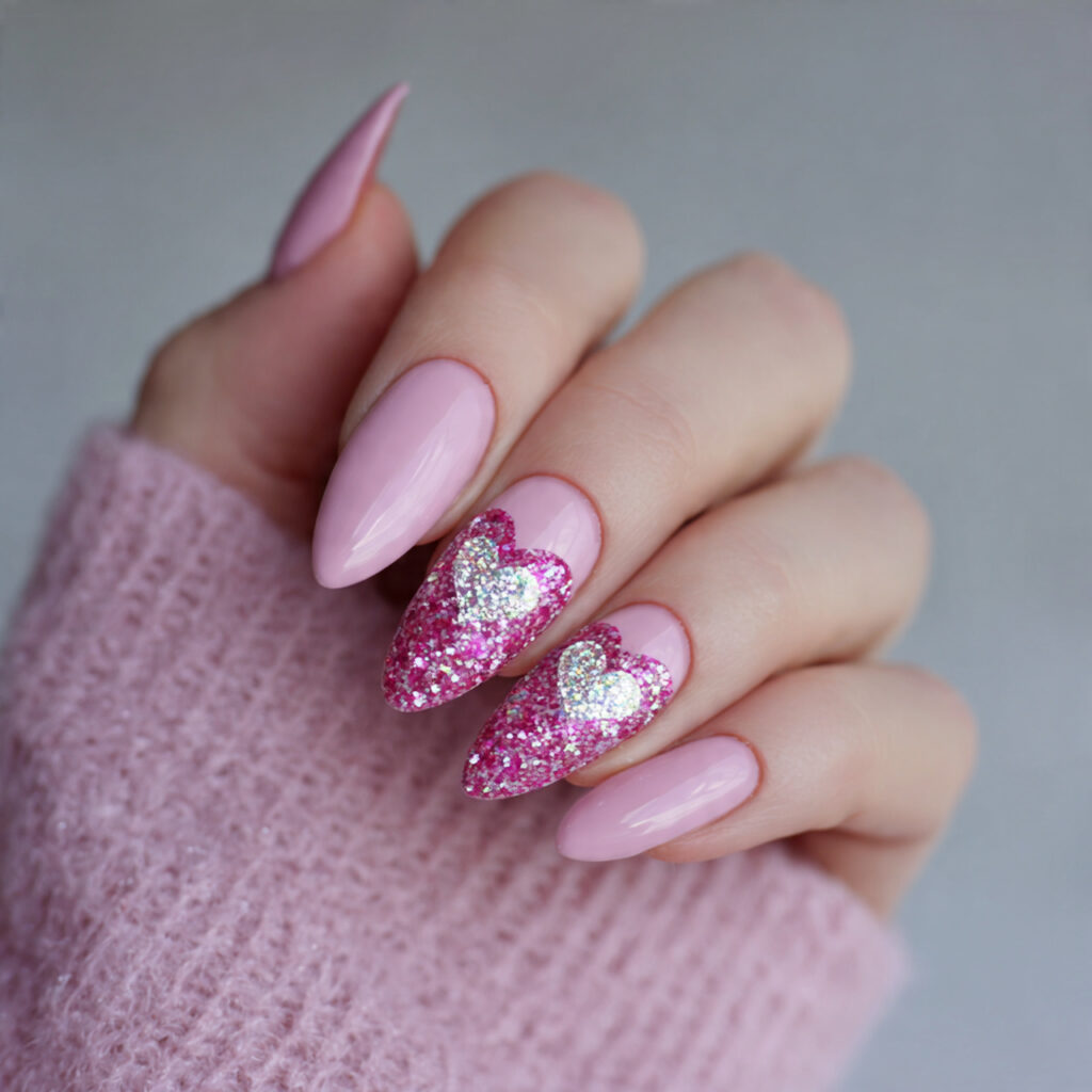 valentine nails almond pink with glitter accents