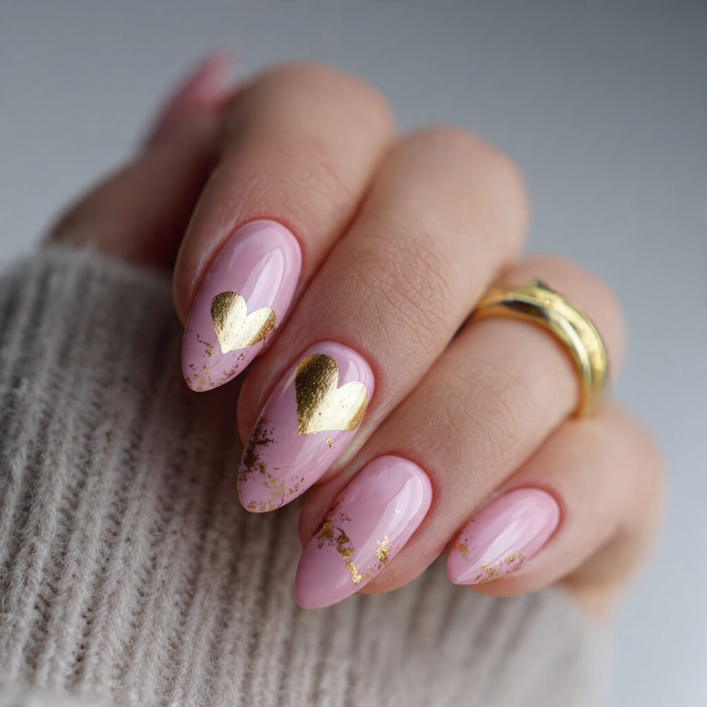valentine nails almond pink with gold foil