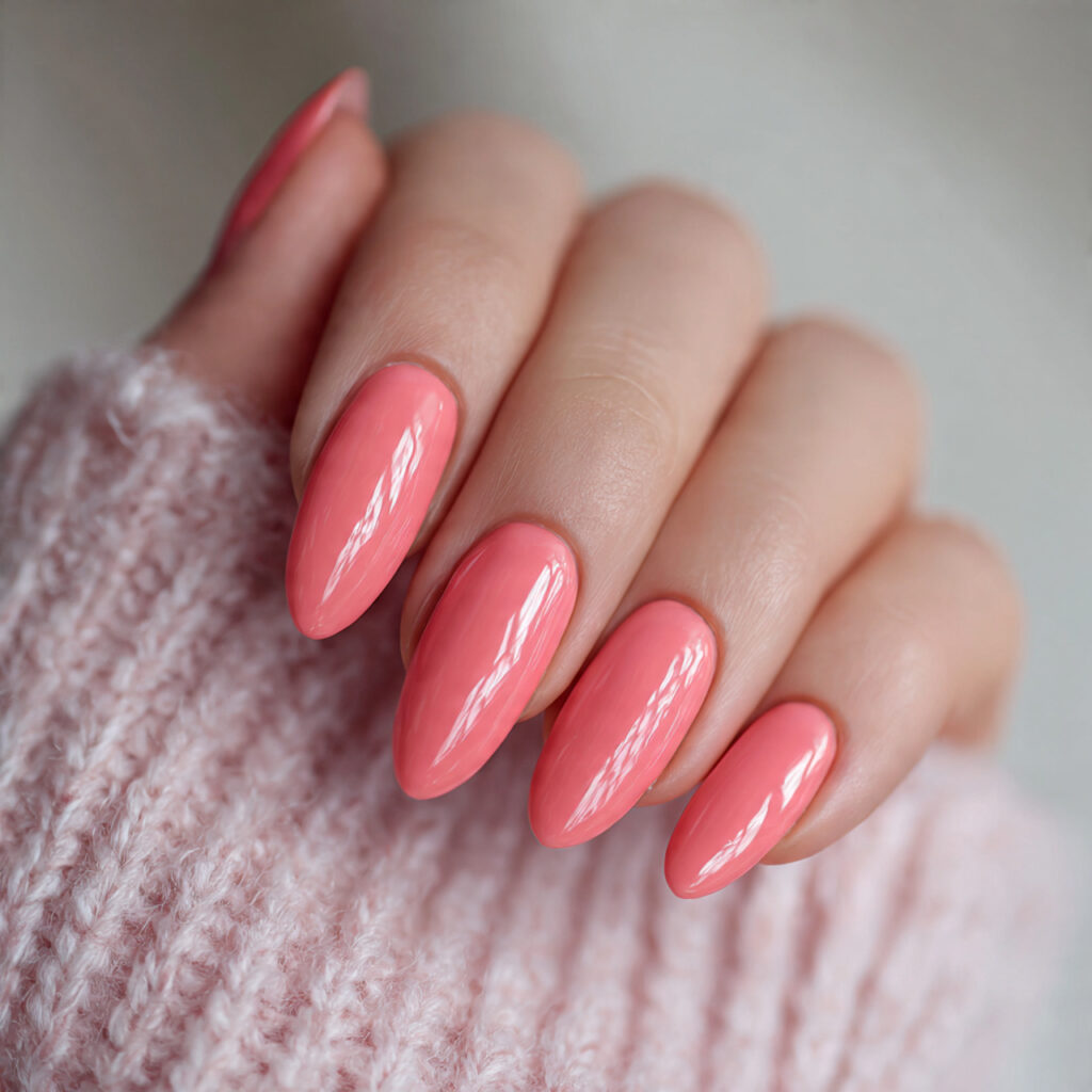 valentine nails almond pink with peachy undertones