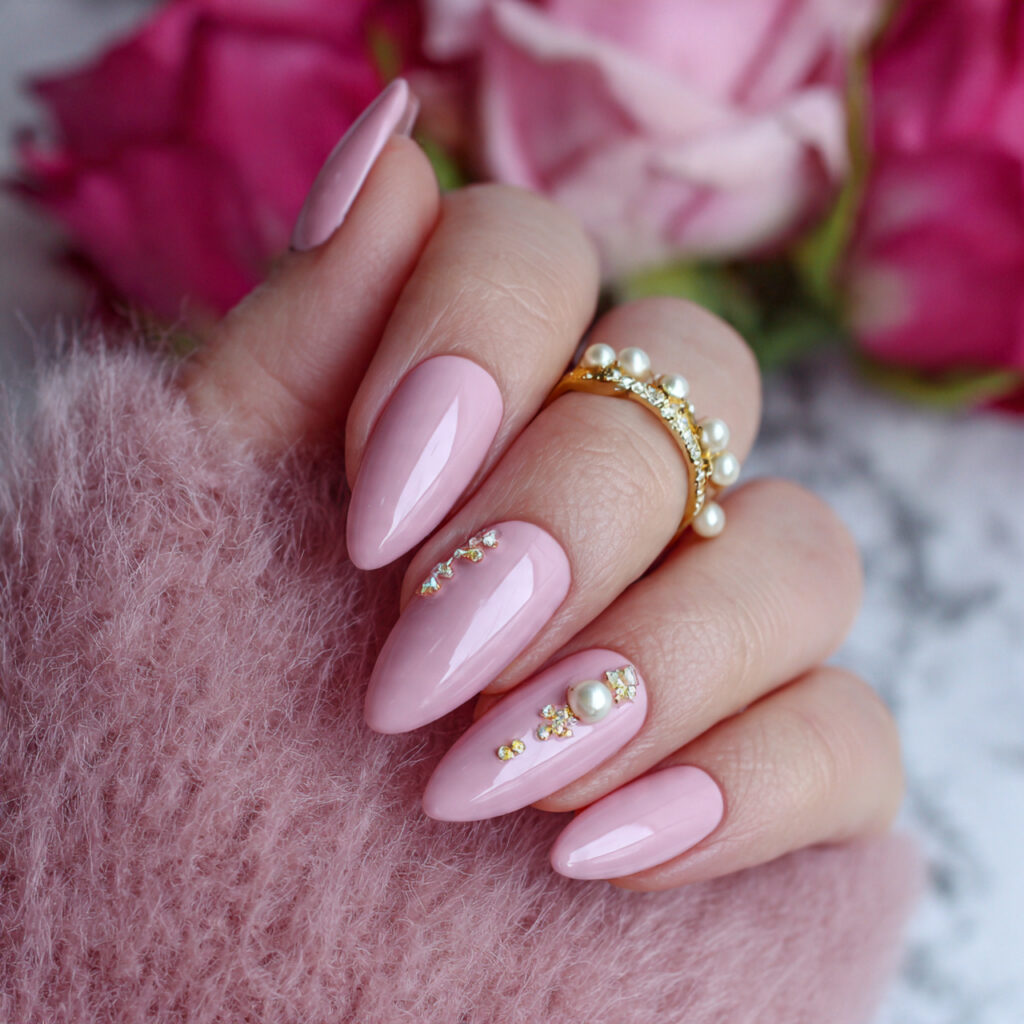 valentine nails almond pink with pearl accents