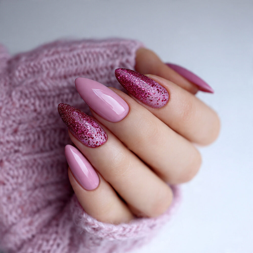 valentine nails almond pink with velvet effects