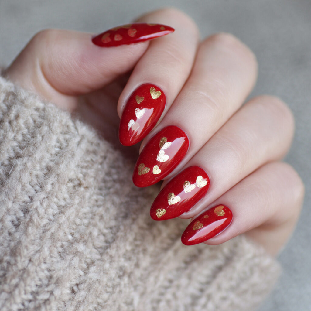valentine nails almond red featuring gold heart