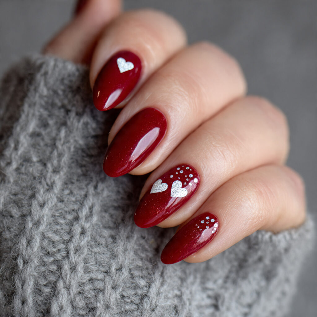 valentine nails almond red featuring white heart