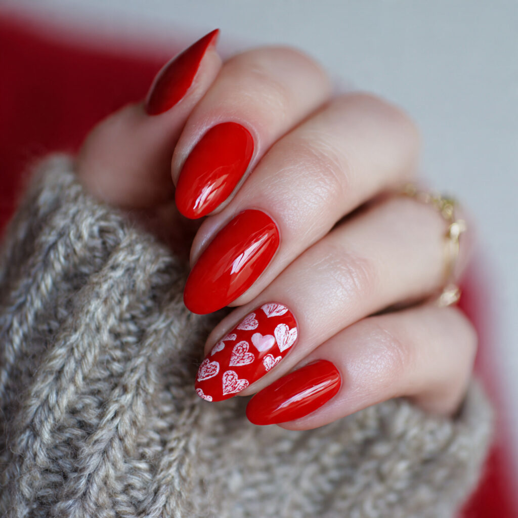 valentine nails almond red through negative space