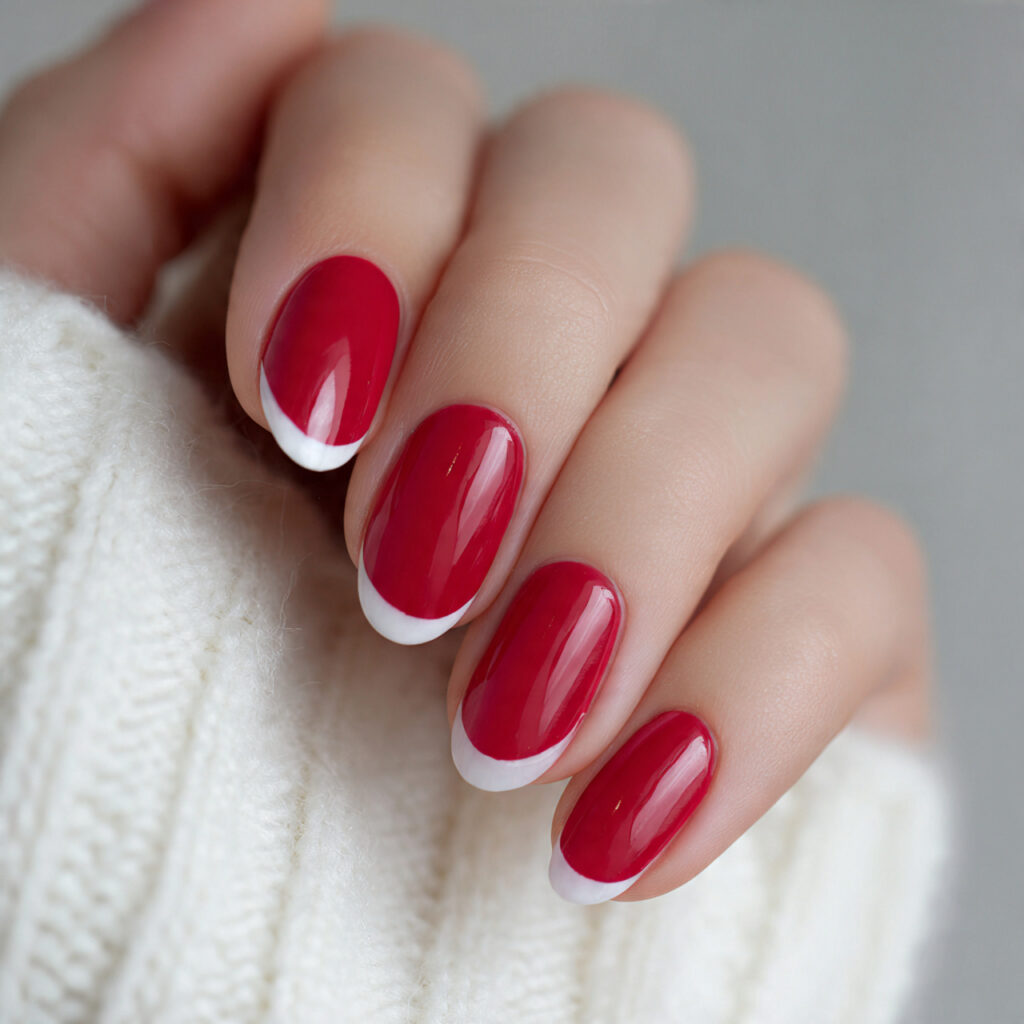 valentine nails almond red through reversed french