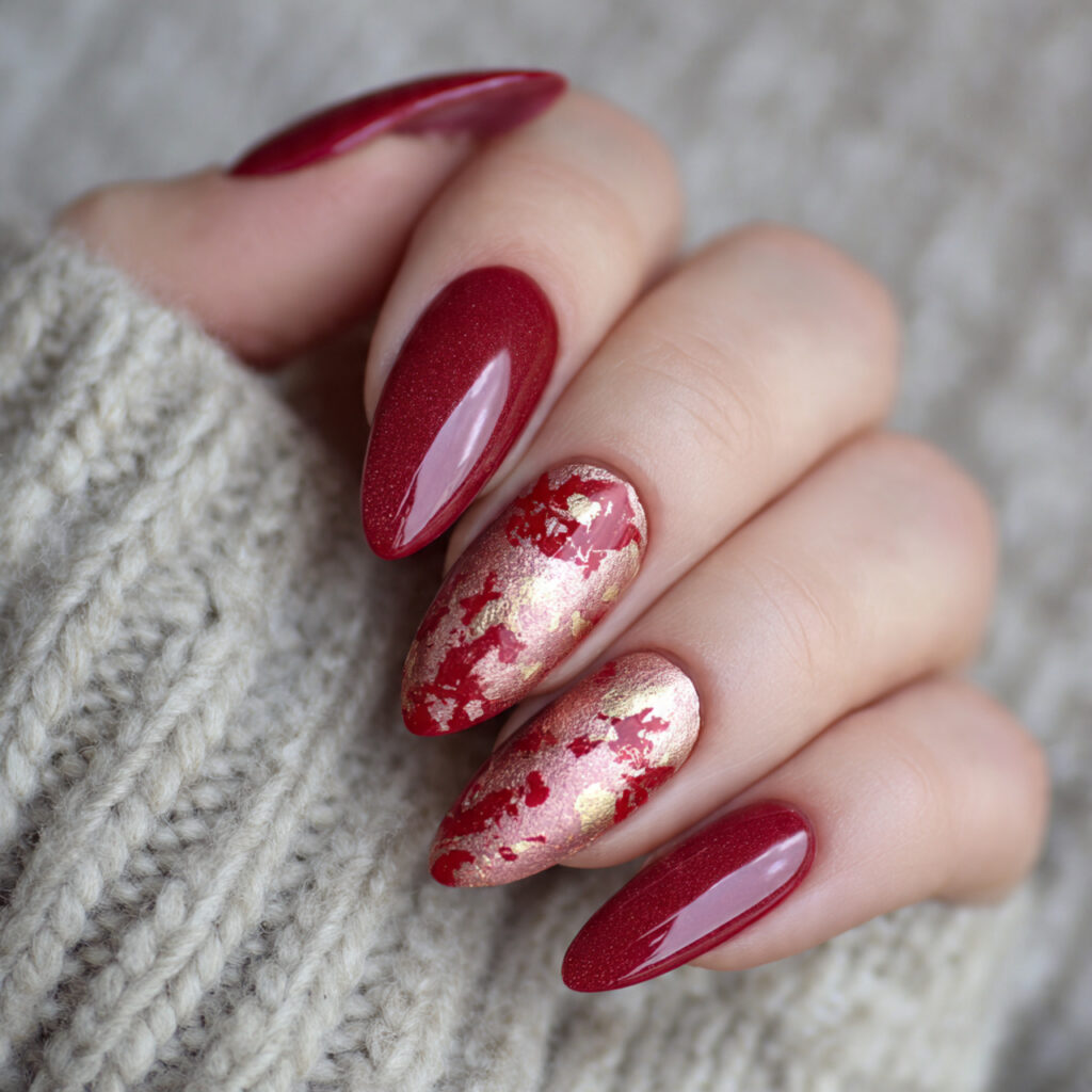 valentine nails almond red with rose gold