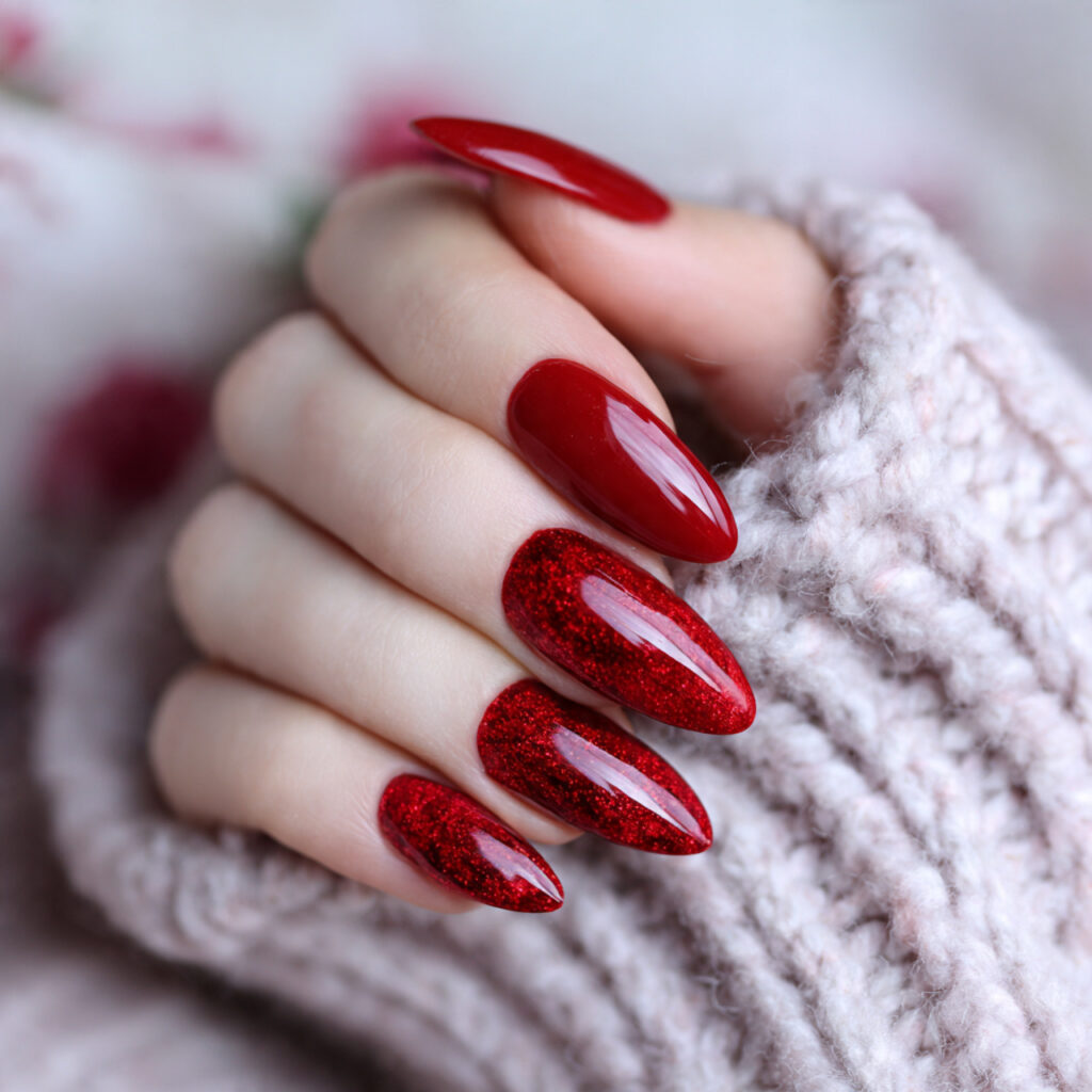 valentine nails almond red with velvet effects