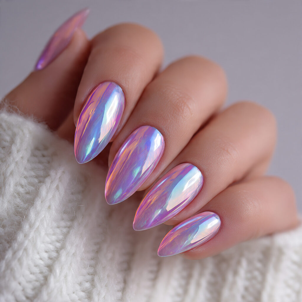 valentine nails almond shape short featuring holographic