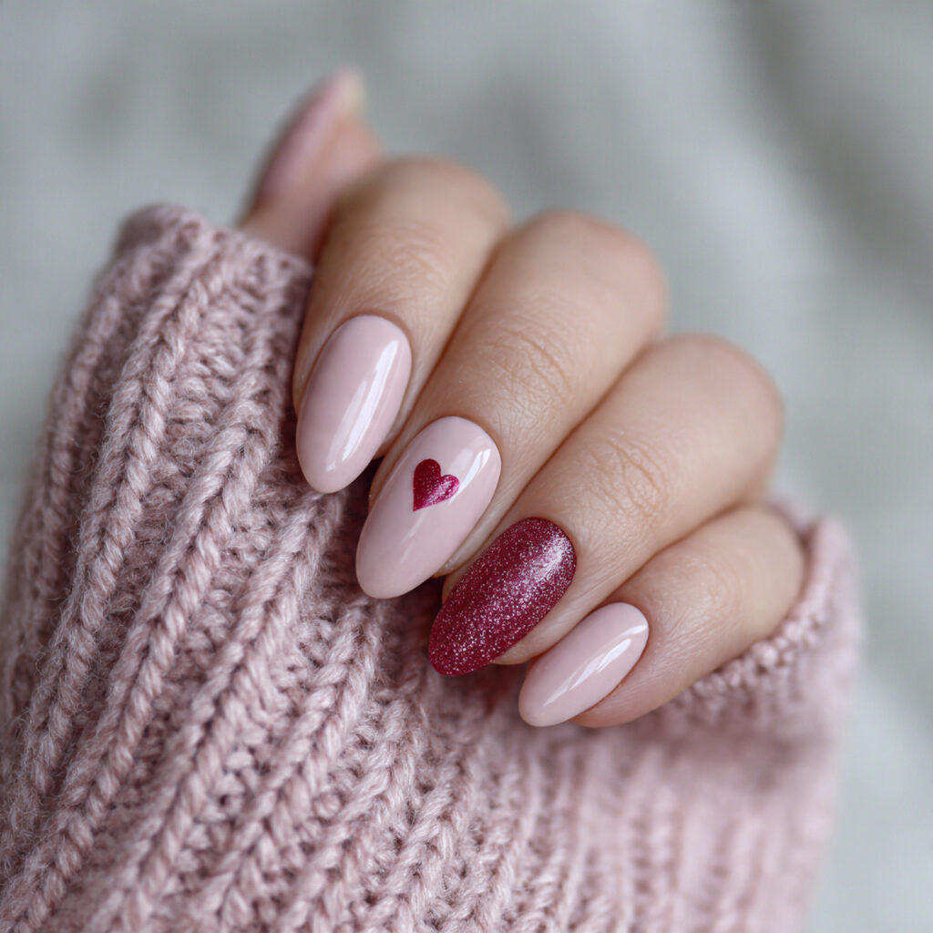 valentine nails almond simple with one heart