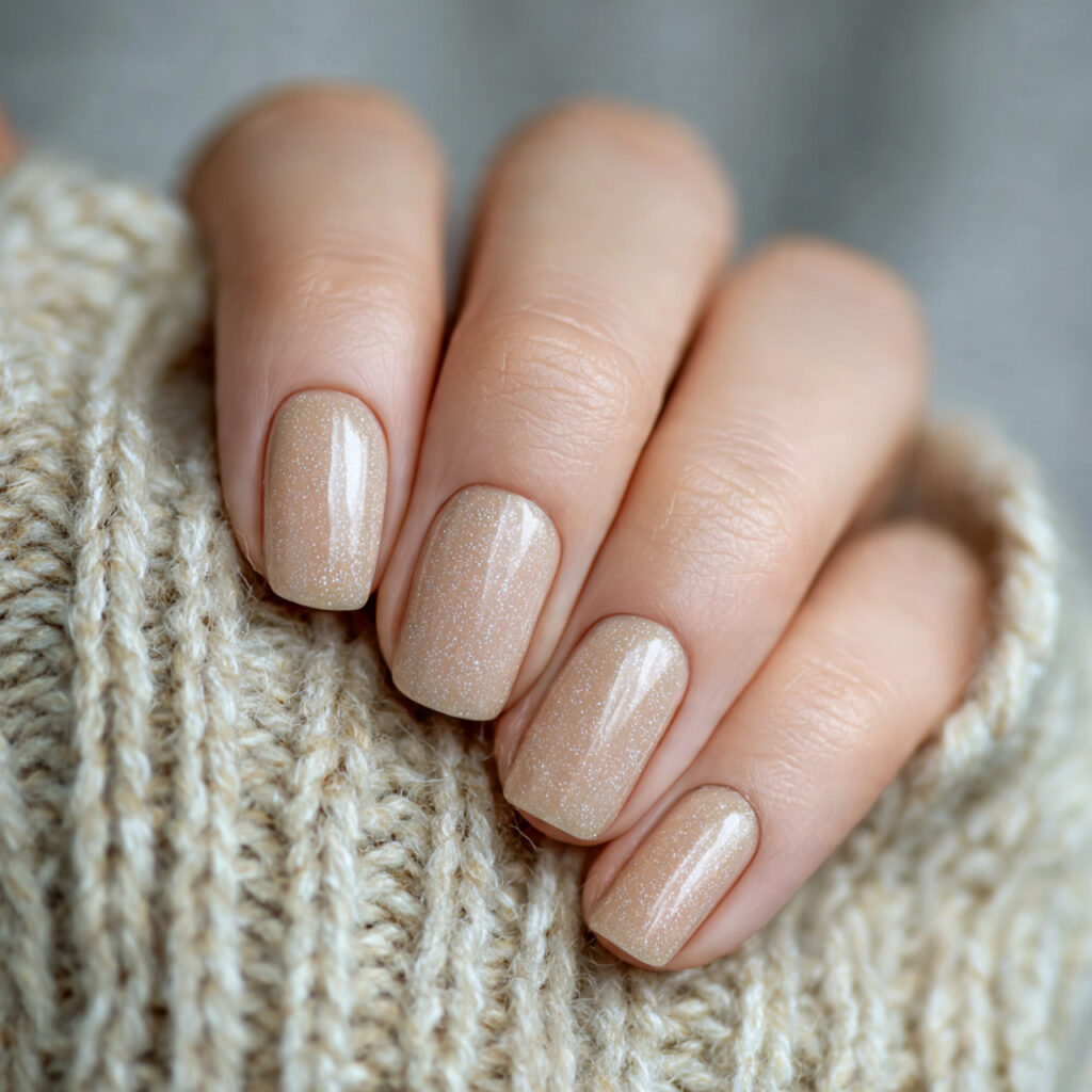 warm beige nails with subtle shimmer
